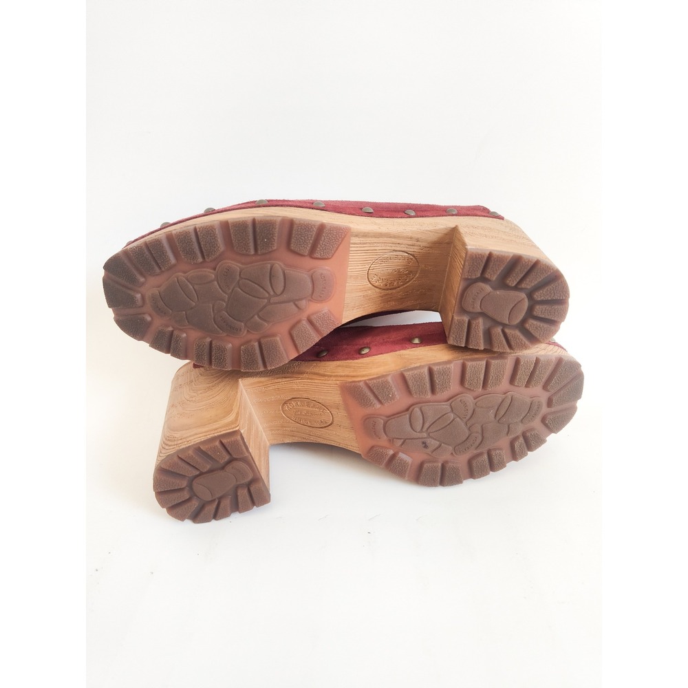 Kork-Ease Clog Mules 9M Burgundy Suede Studded Wood Platform Boho Retro Shoes - Picture 9 of 9